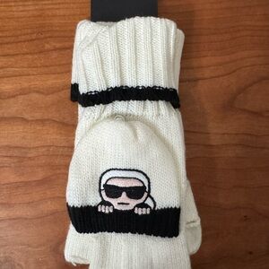 Karl Lagerfeld Cream Knit Gloves with Black Trim